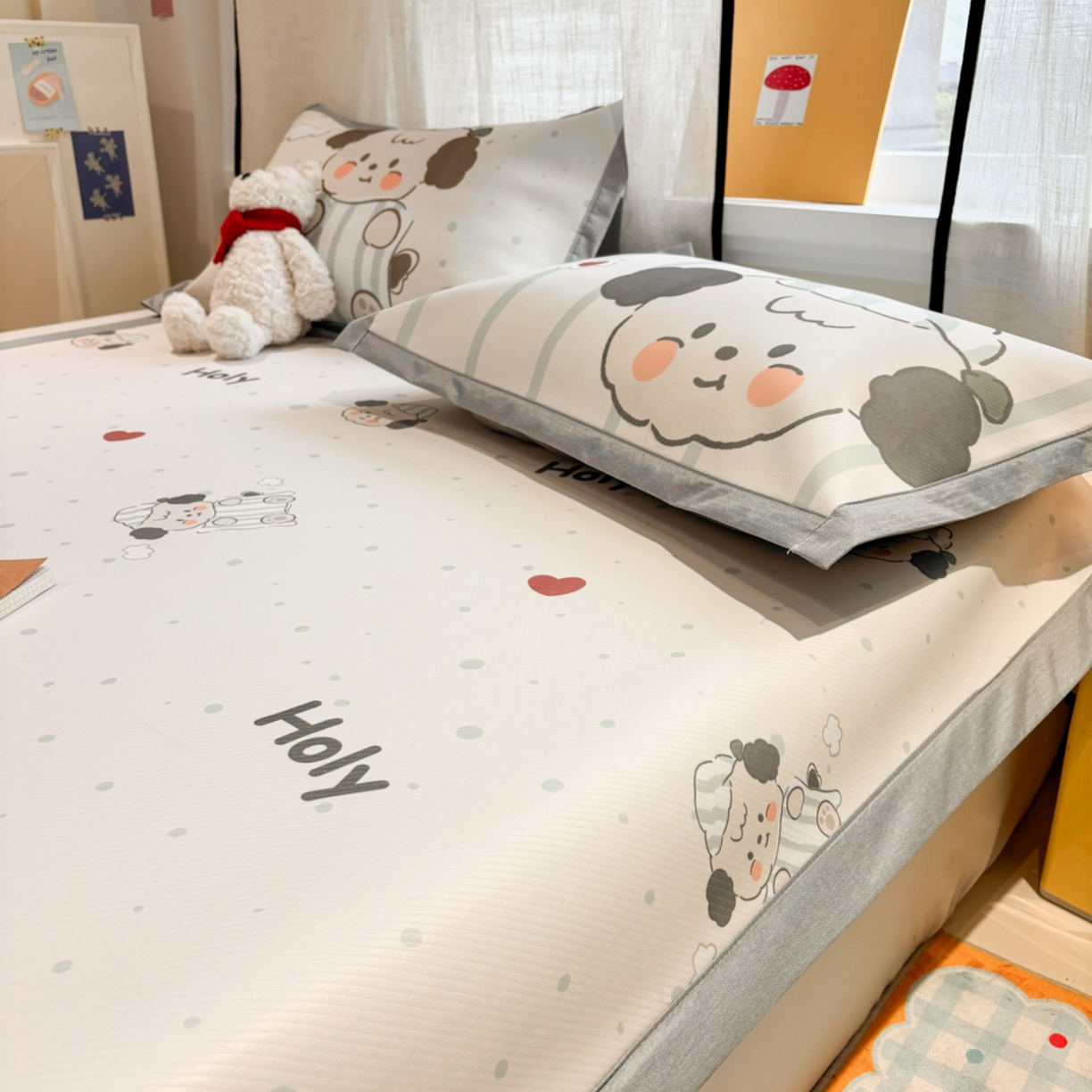 91家纺网 家纺一手货源 找家纺 慕尚家纺 2026春夏新款可水洗斜纹凉豆豆印花凉感席凉席席子 樱桃爱心狗