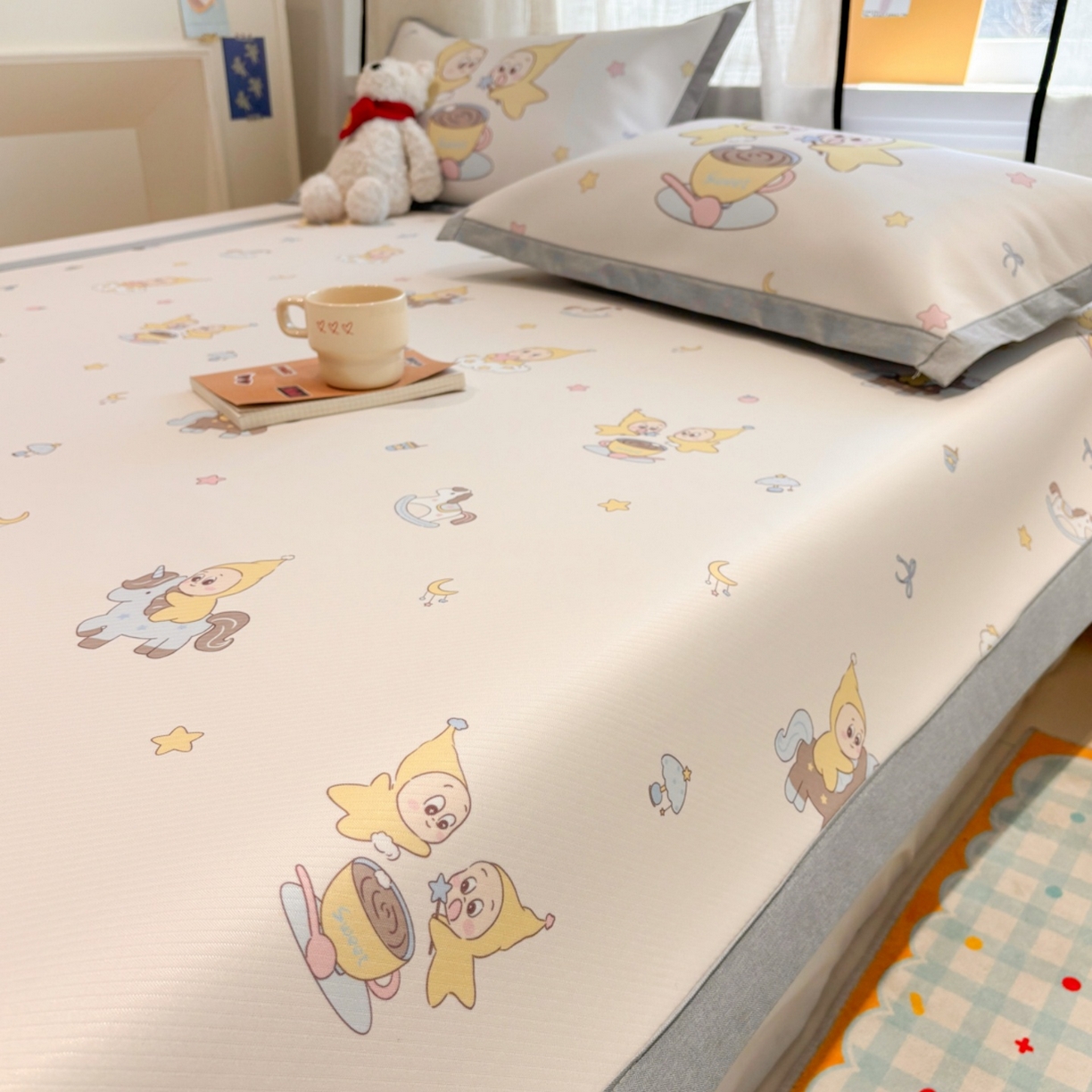 91家纺网 家纺一手货源 找家纺 慕尚家纺 2026春夏新款可水洗斜纹凉豆豆印花凉感席凉席席子 星星木马