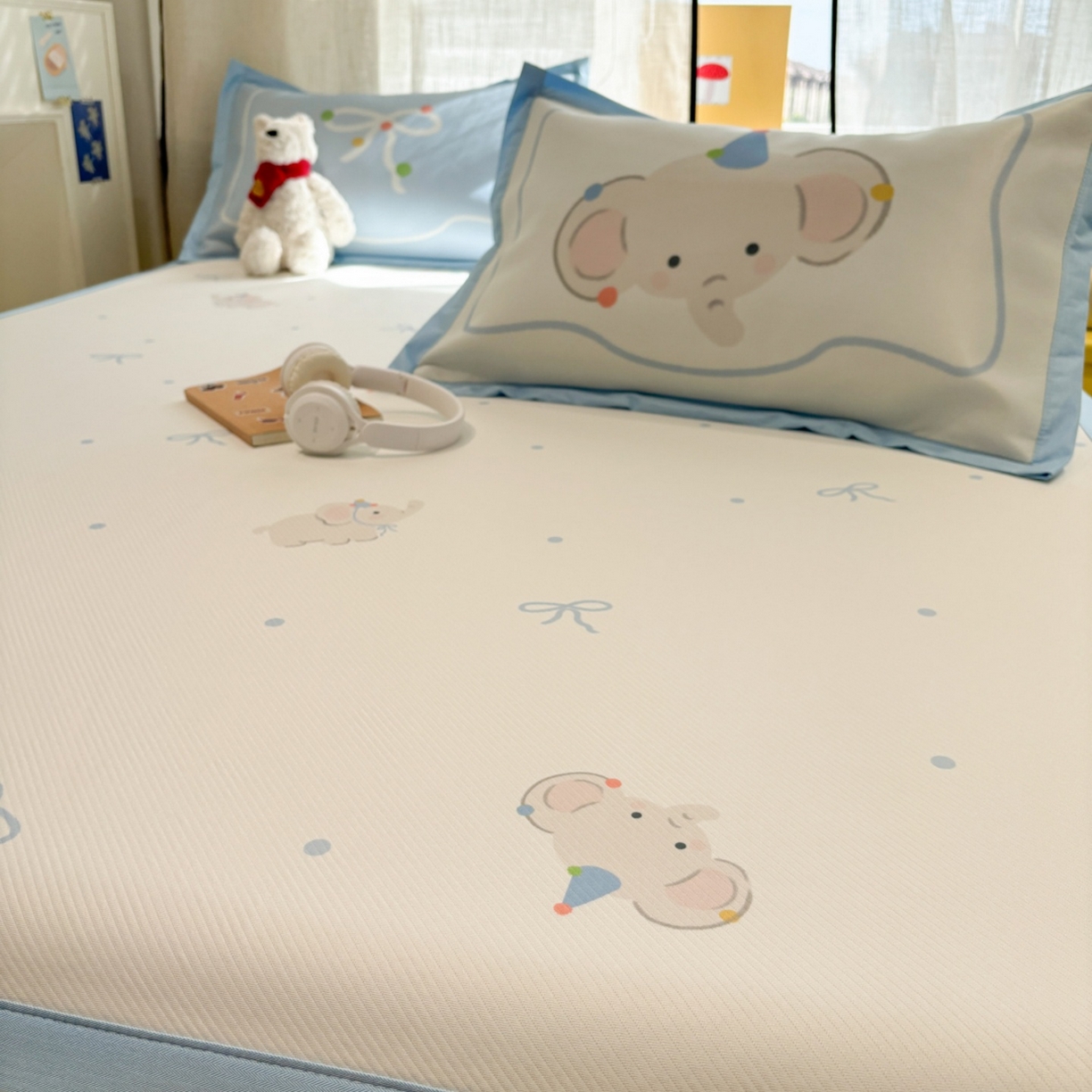 91家纺网 家纺一手货源 找家纺 慕尚家纺 2026春夏新款可水洗斜纹凉豆豆印花凉感席凉席席子 大象