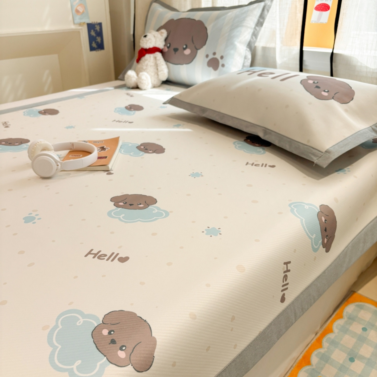 91家纺网 家纺一手货源 找家纺 慕尚家纺 2026春夏新款可水洗斜纹凉豆豆印花凉感席凉席席子 云朵小狗