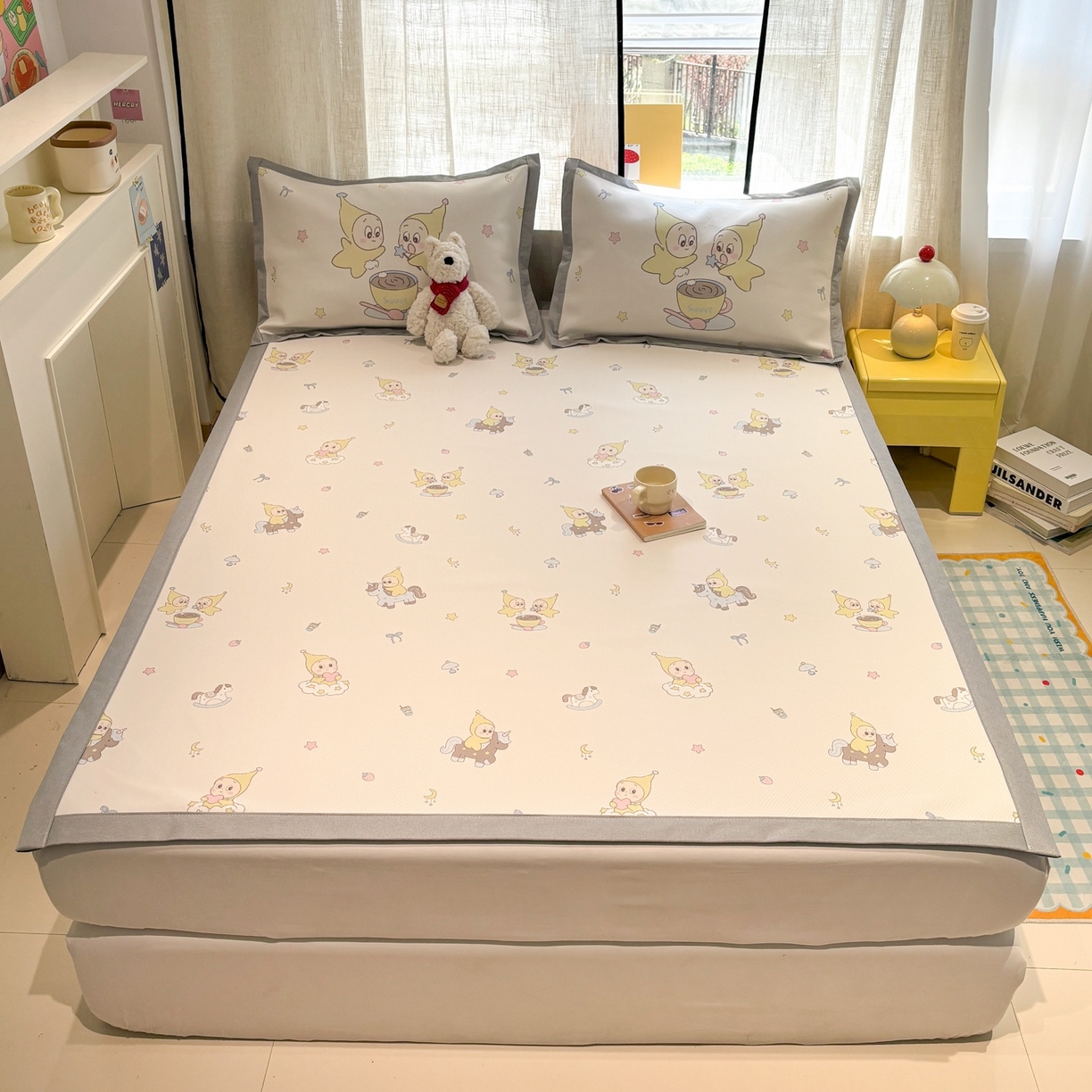 91家纺网 家纺一手货源 找家纺 慕尚家纺 2026春夏新款可水洗斜纹凉豆豆印花凉感席凉席席子 星星木马