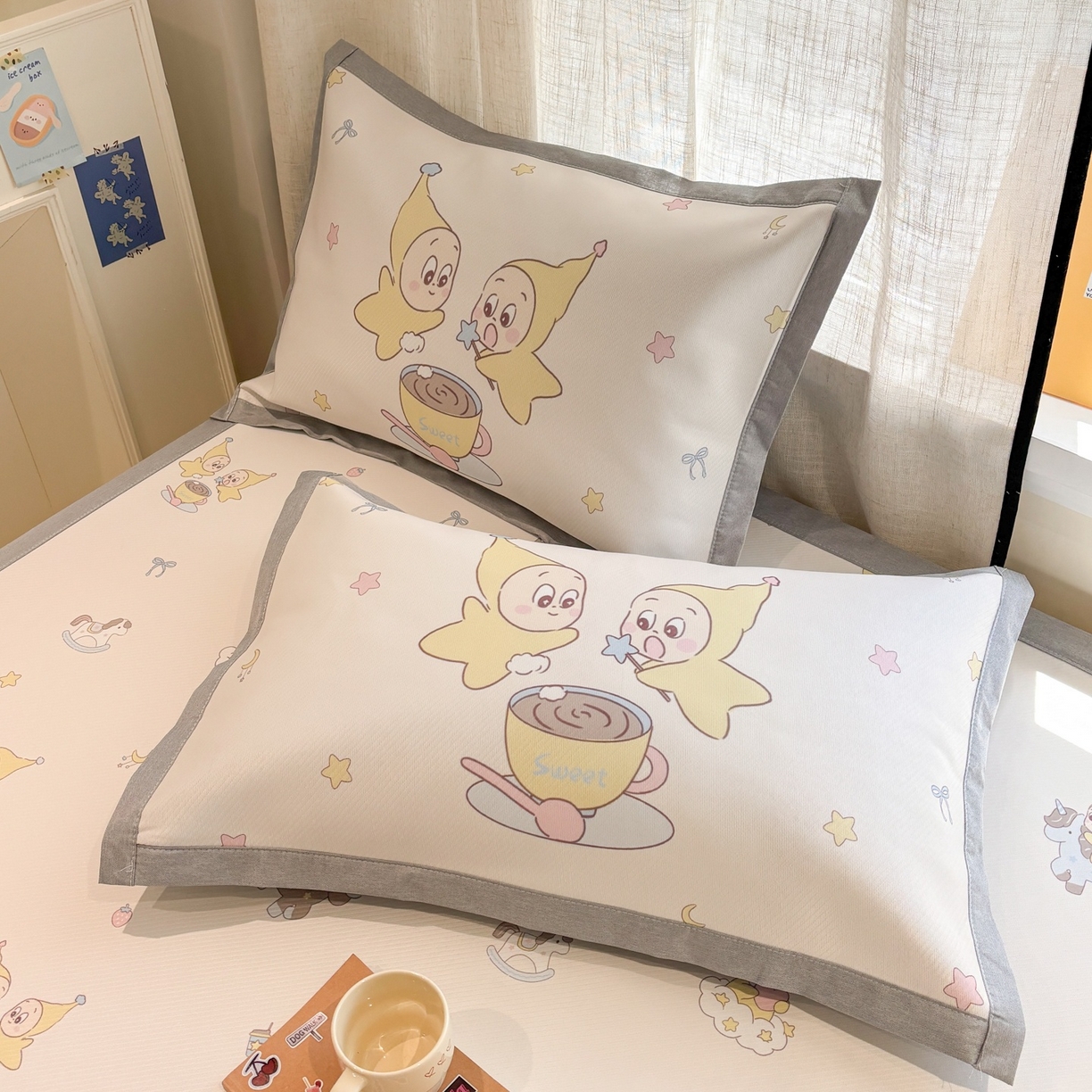 91家纺网 家纺一手货源 找家纺 慕尚家纺 2026春夏新款可水洗斜纹凉豆豆印花凉感席凉席席子 星星木马