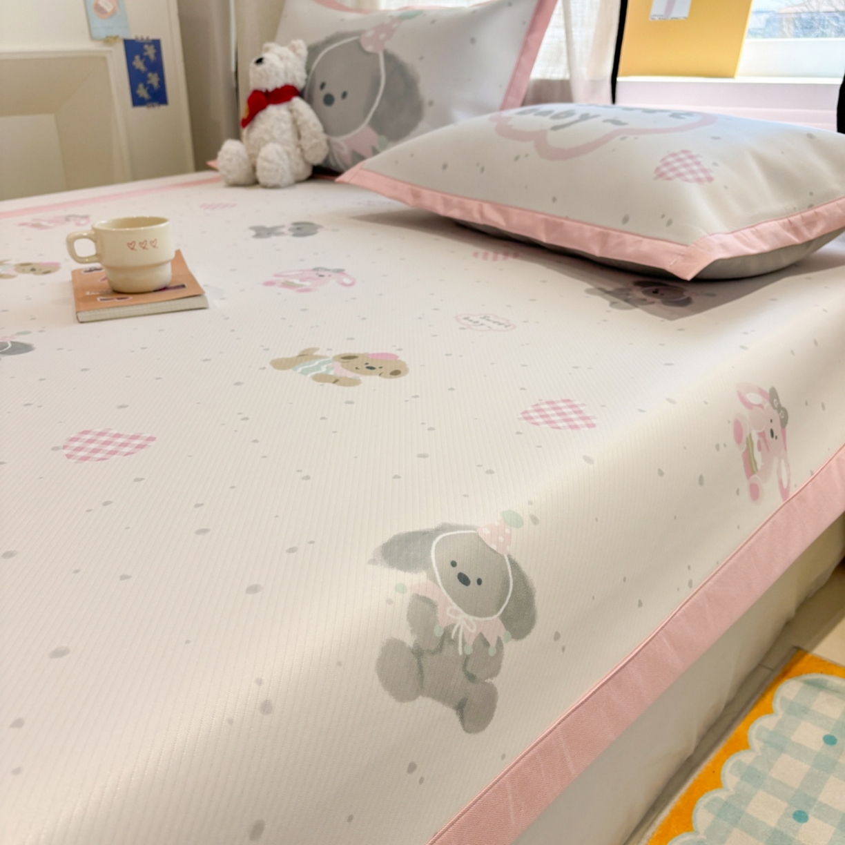 91家纺网 家纺一手货源 找家纺 慕尚家纺 2026春夏新款可水洗斜纹凉豆豆印花凉感席凉席席子 汪汪宝贝