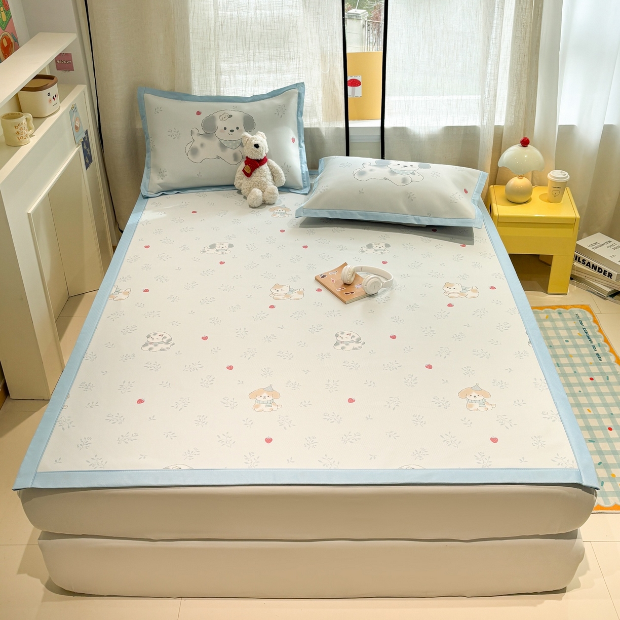 91家纺网 家纺一手货源 找家纺 慕尚家纺 2026春夏新款可水洗斜纹凉豆豆印花凉感席凉席席子 狗狗草莓