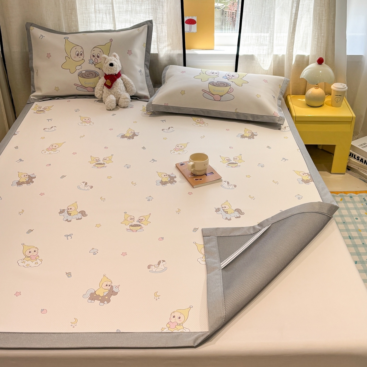 91家纺网 家纺一手货源 找家纺 慕尚家纺 2026春夏新款可水洗斜纹凉豆豆印花凉感席凉席席子 星星木马