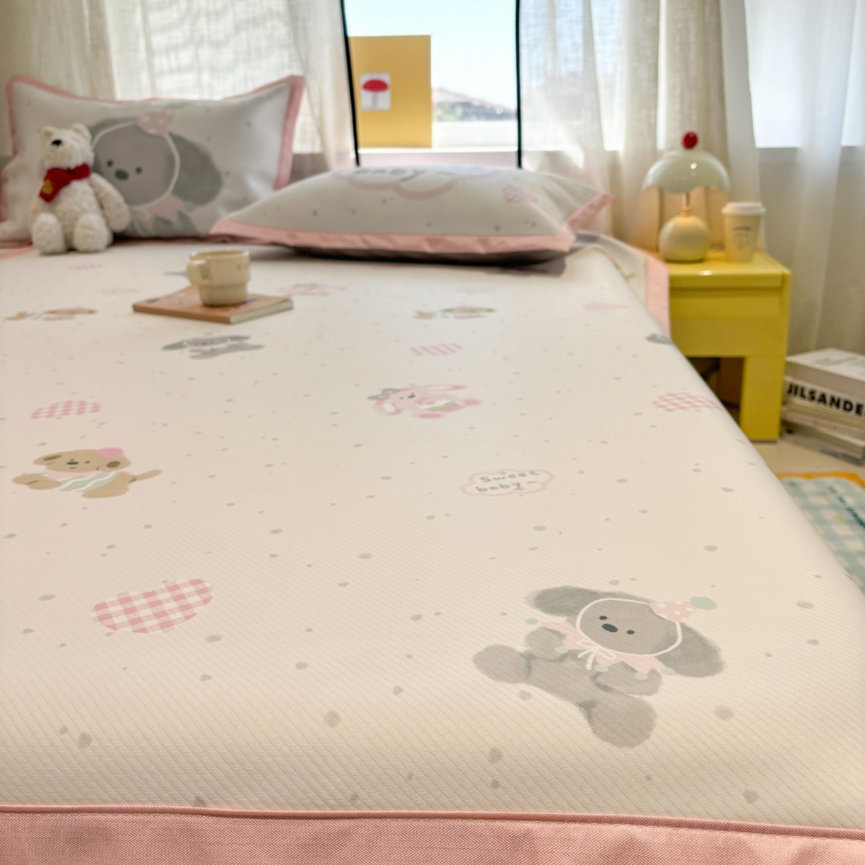 91家纺网 家纺一手货源 找家纺 慕尚家纺 2026春夏新款可水洗斜纹凉豆豆印花凉感席凉席席子 汪汪宝贝