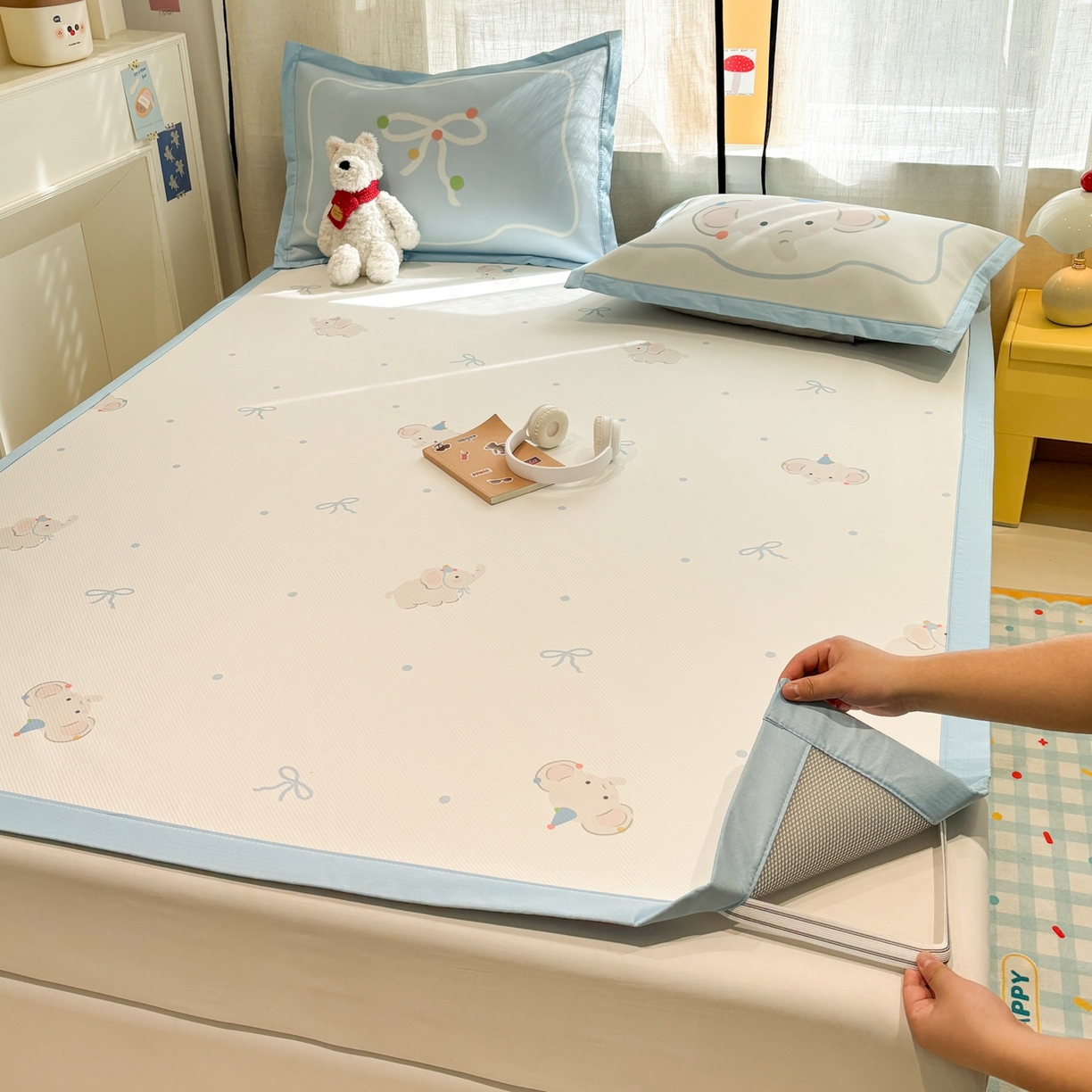 91家纺网 家纺一手货源 找家纺 慕尚家纺 2026春夏新款可水洗斜纹凉豆豆印花凉感席凉席席子 大象