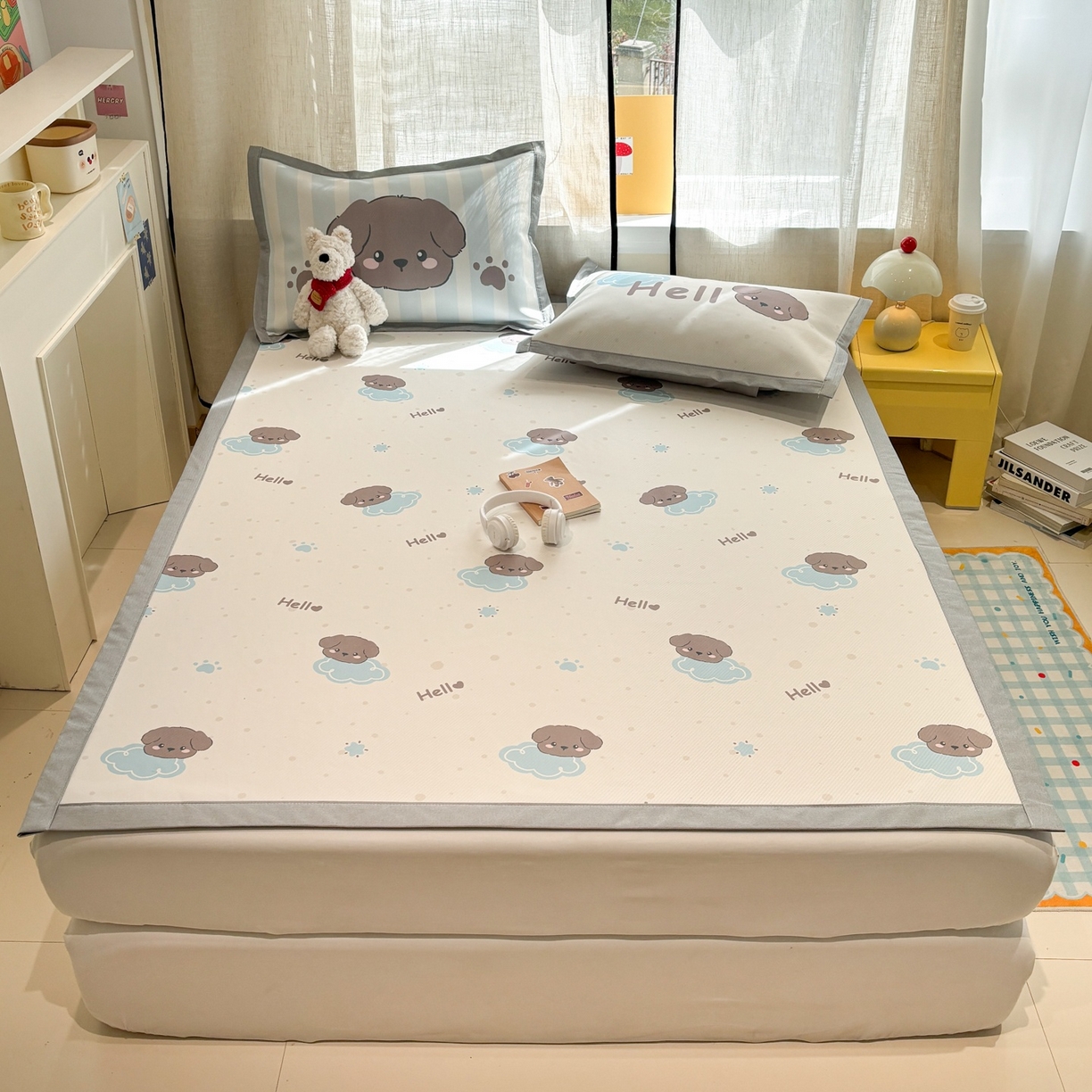 91家纺网 家纺一手货源 找家纺 慕尚家纺 2026春夏新款可水洗斜纹凉豆豆印花凉感席凉席席子 云朵小狗