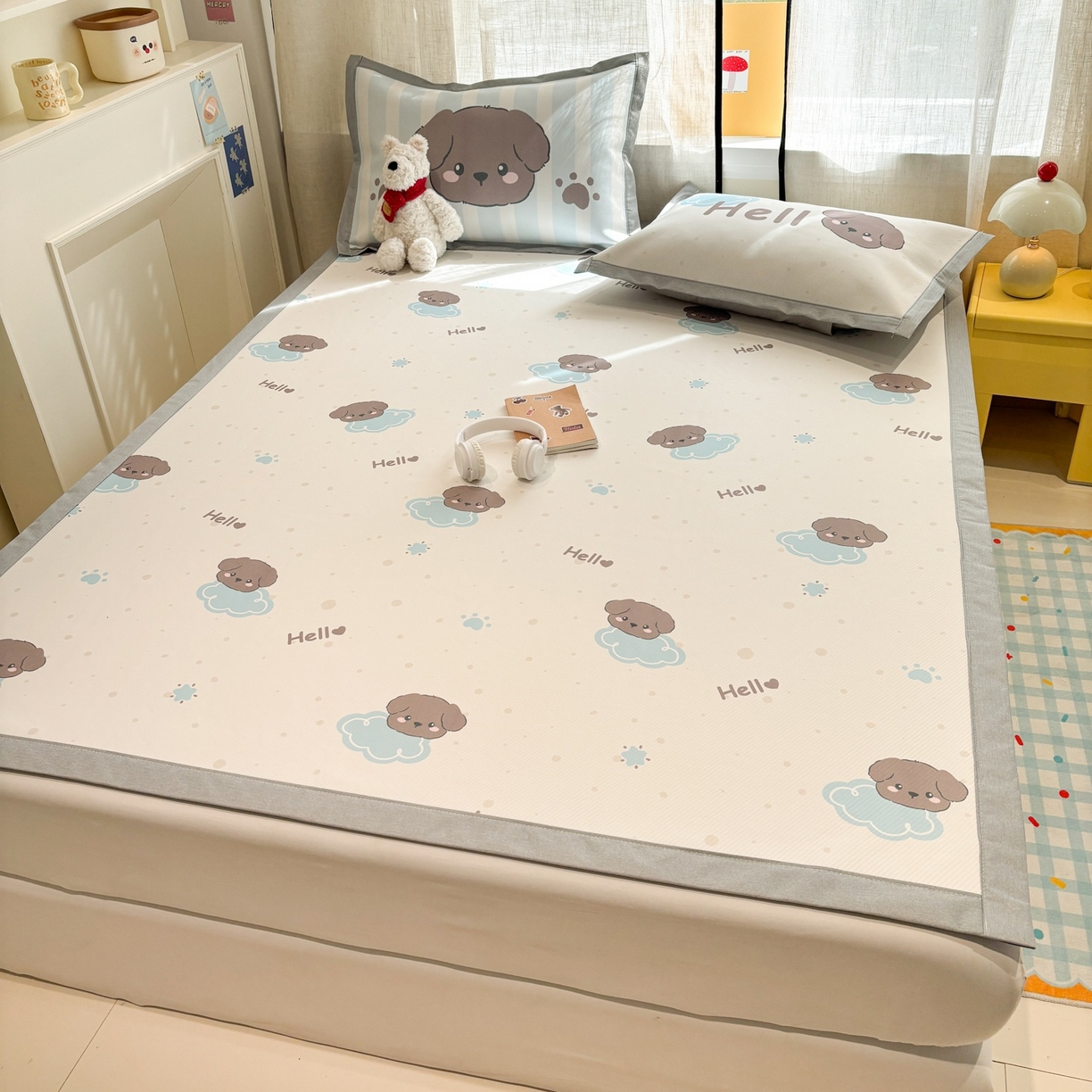 91家纺网 家纺一手货源 找家纺 慕尚家纺 2026春夏新款可水洗斜纹凉豆豆印花凉感席凉席席子 云朵小狗