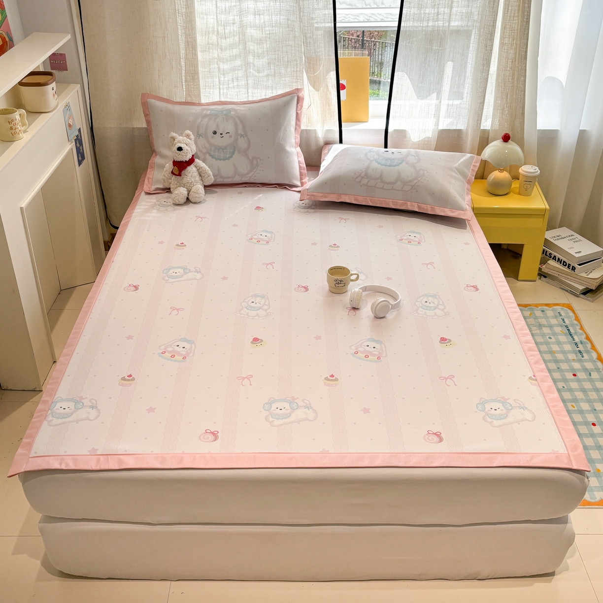 91家纺网 家纺一手货源 找家纺 慕尚家纺 2026春夏新款可水洗斜纹凉豆豆印花凉感席凉席席子 汪星乐园