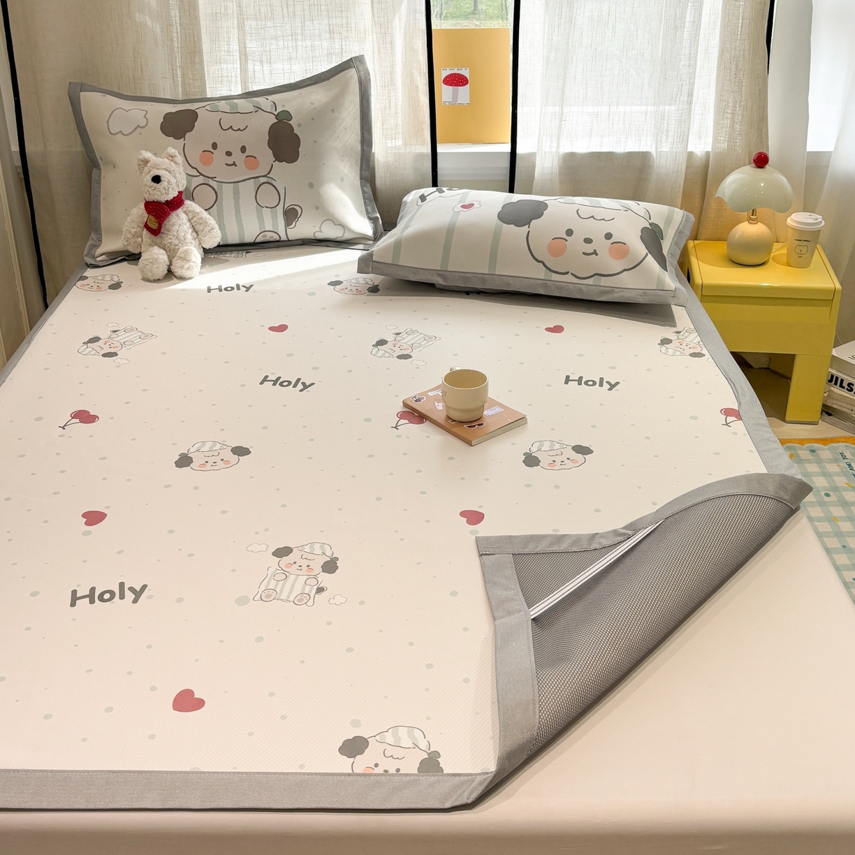 91家纺网 家纺一手货源 找家纺 慕尚家纺 2026春夏新款可水洗斜纹凉豆豆印花凉感席凉席席子 樱桃爱心狗