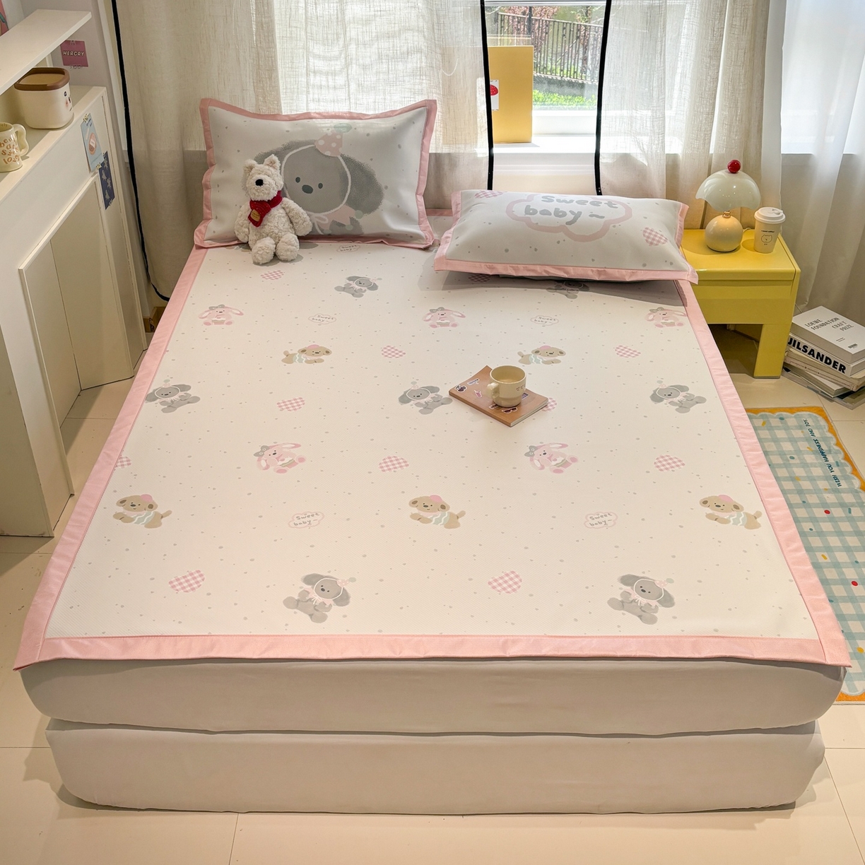 91家纺网 家纺一手货源 找家纺 慕尚家纺 2026春夏新款可水洗斜纹凉豆豆印花凉感席凉席席子 汪汪宝贝