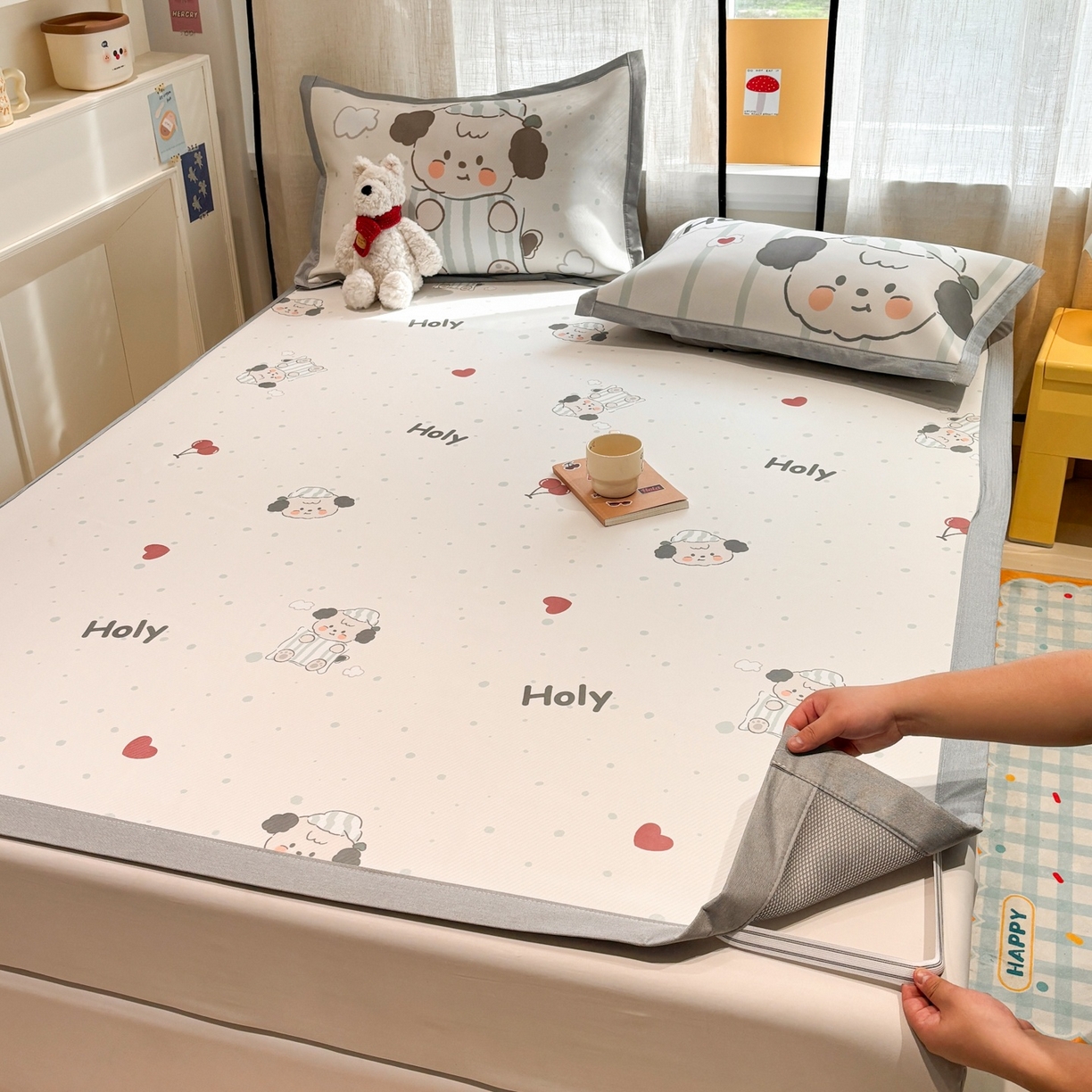 91家纺网 家纺一手货源 找家纺 慕尚家纺 2026春夏新款可水洗斜纹凉豆豆印花凉感席凉席席子 樱桃爱心狗