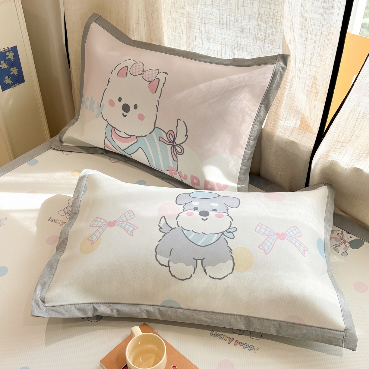 91家纺网 家纺一手货源 找家纺 慕尚家纺 2026春夏新款可水洗斜纹凉豆豆印花凉感席凉席席子 小狗乖乖