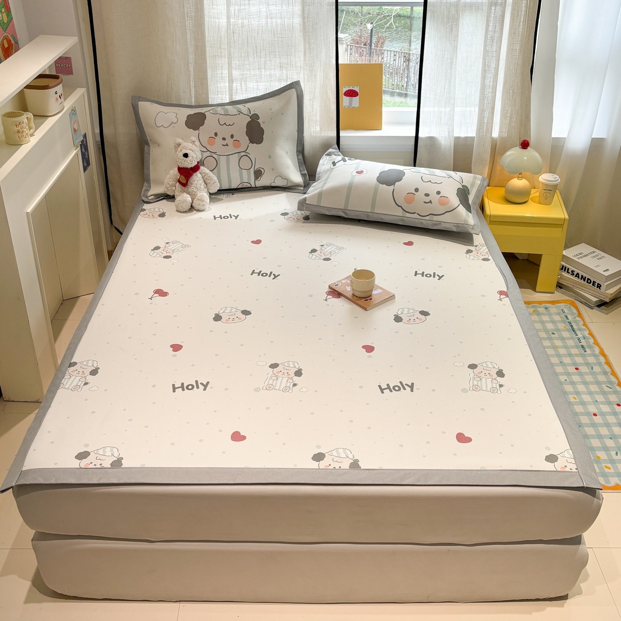 91家纺网 家纺一手货源 找家纺 慕尚家纺 2026春夏新款可水洗斜纹凉豆豆印花凉感席凉席席子 樱桃爱心狗