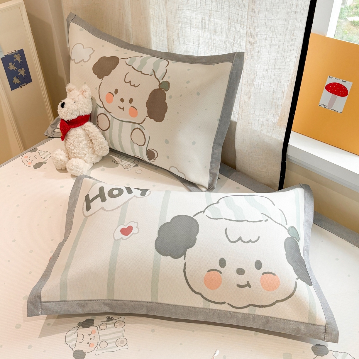 91家纺网 家纺一手货源 找家纺 慕尚家纺 2026春夏新款可水洗斜纹凉豆豆印花凉感席凉席席子 樱桃爱心狗