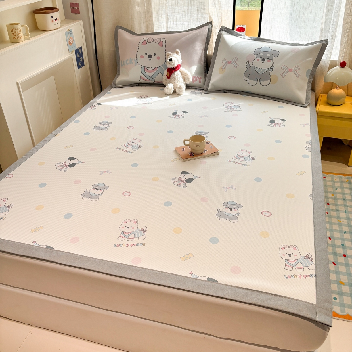 91家纺网 家纺一手货源 找家纺 慕尚家纺 2026春夏新款可水洗斜纹凉豆豆印花凉感席凉席席子 小狗乖乖