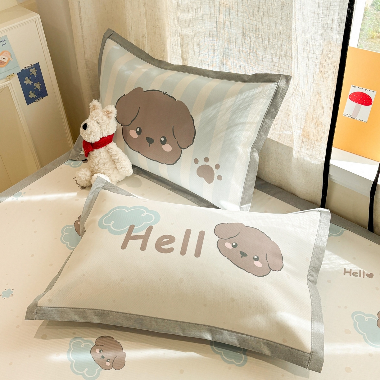 91家纺网 家纺一手货源 找家纺 慕尚家纺 2026春夏新款可水洗斜纹凉豆豆印花凉感席凉席席子 云朵小狗