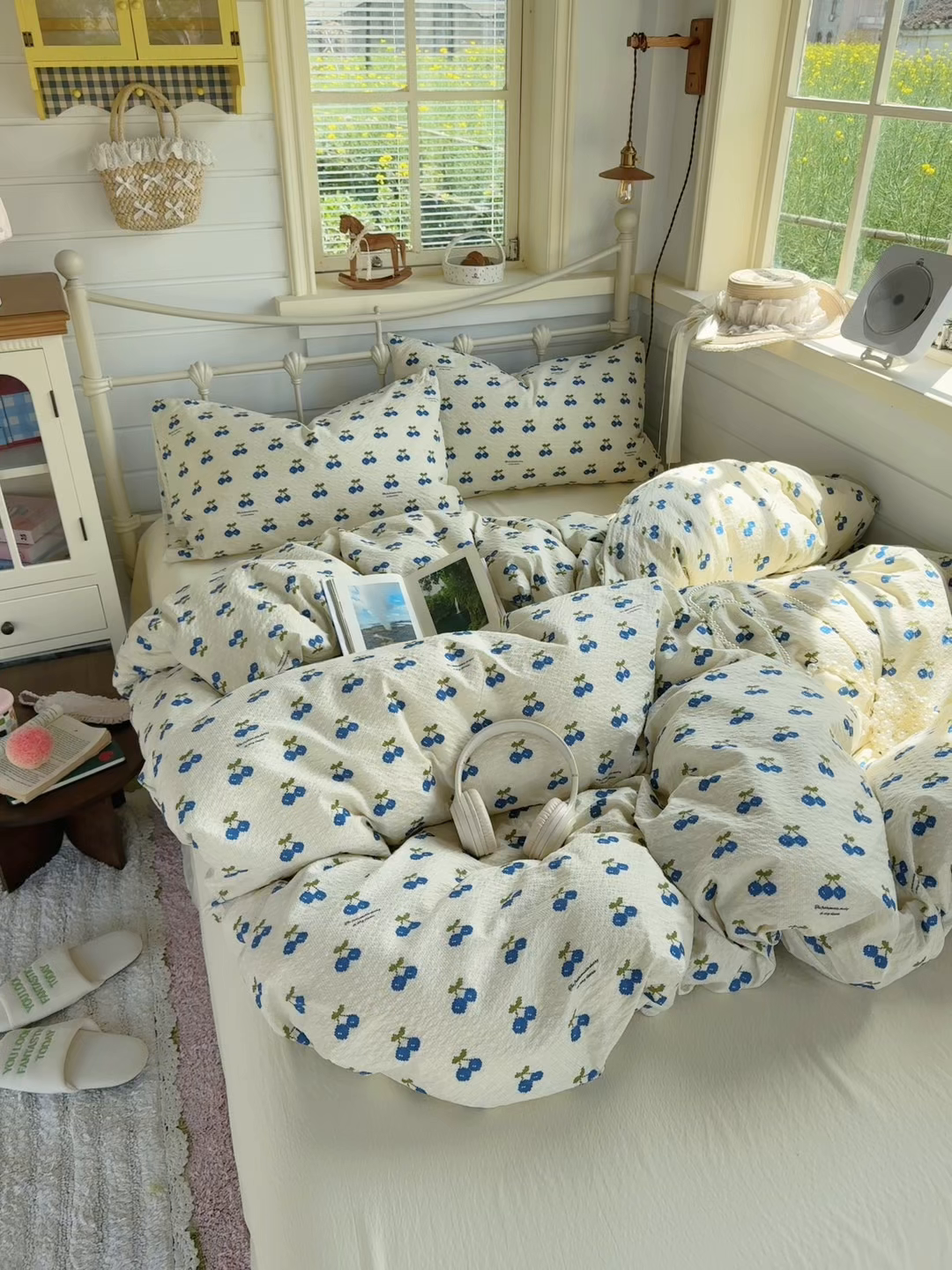 91家纺网 家纺一手货源 找家纺 优兰朵 2026新款高品质A类泡芙纱普通款四件套-小红书宿舍春夏爆款 绿樱桃