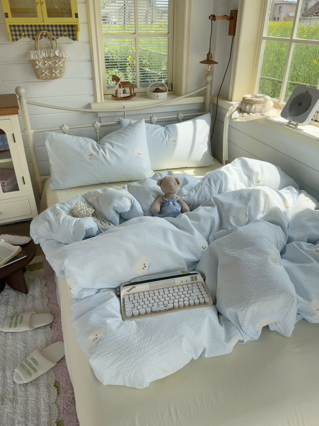 91家纺网 家纺一手货源 找家纺 优兰朵 2026新款高品质A类泡芙纱普通款四件套-小红书宿舍春夏爆款 西高地