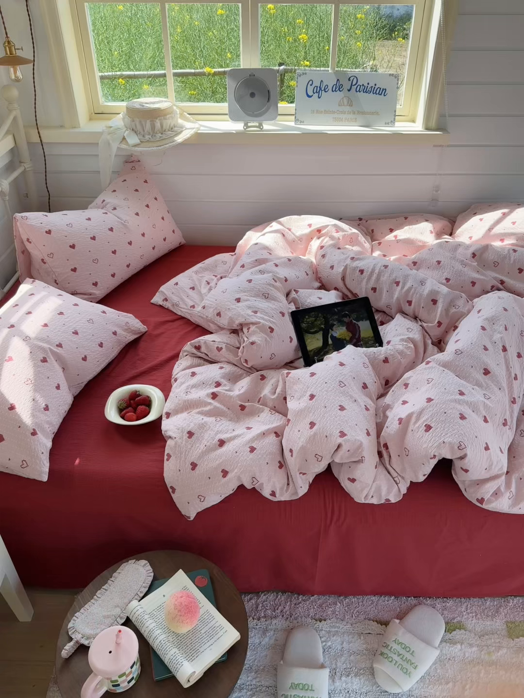 91家纺网 家纺一手货源 找家纺 优兰朵 2026新款高品质A类泡芙纱普通款四件套-小红书宿舍春夏爆款 朦胧粉心