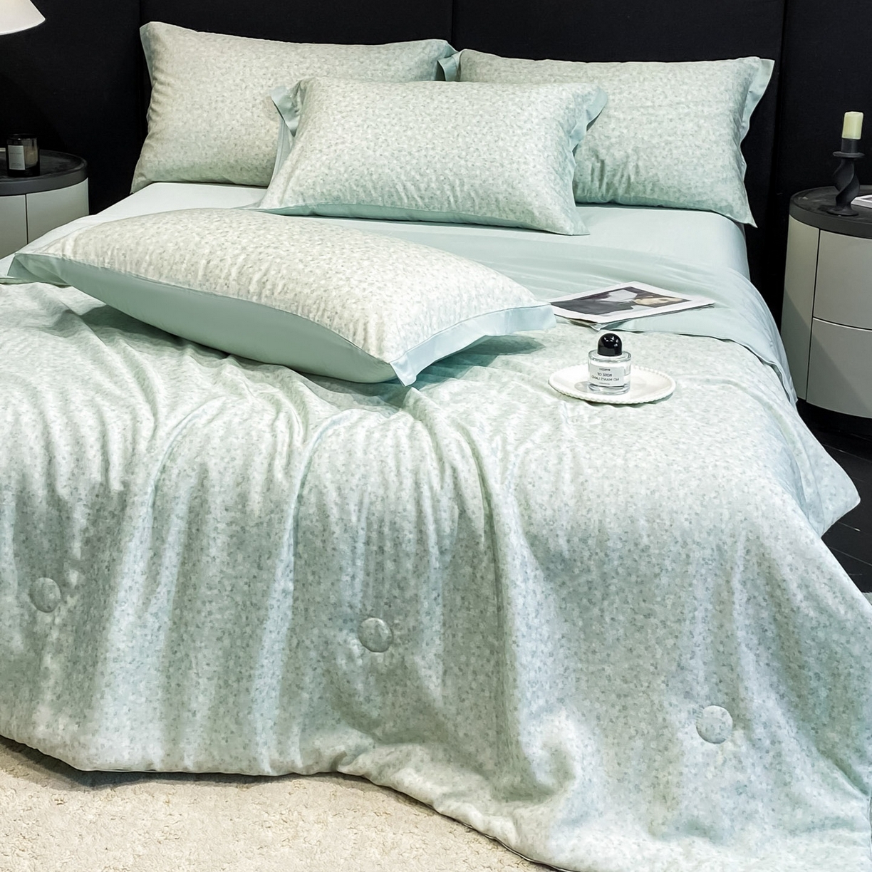 91家纺网 家纺一手货源 找家纺 慕尚家纺 2026春夏新款莱赛尔天丝夏被夏凉被空调被夏被四件套 蓝风铃