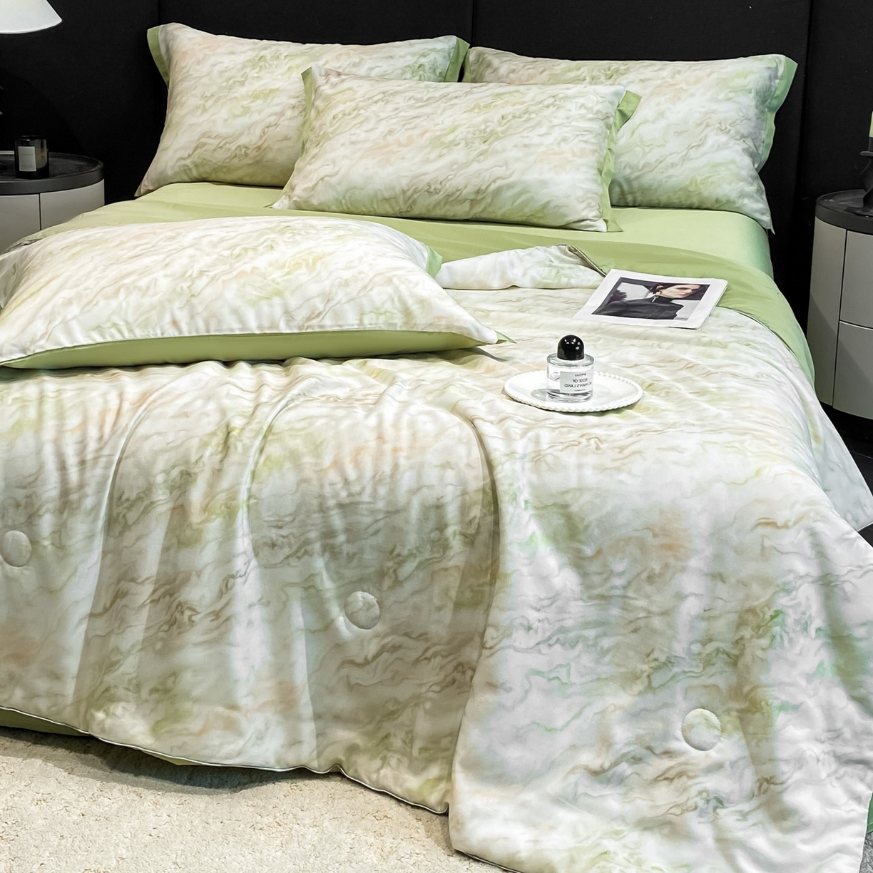 91家纺网 家纺一手货源 找家纺 慕尚家纺 2026春夏新款莱赛尔天丝夏被夏凉被空调被夏被四件套 青釉波纹