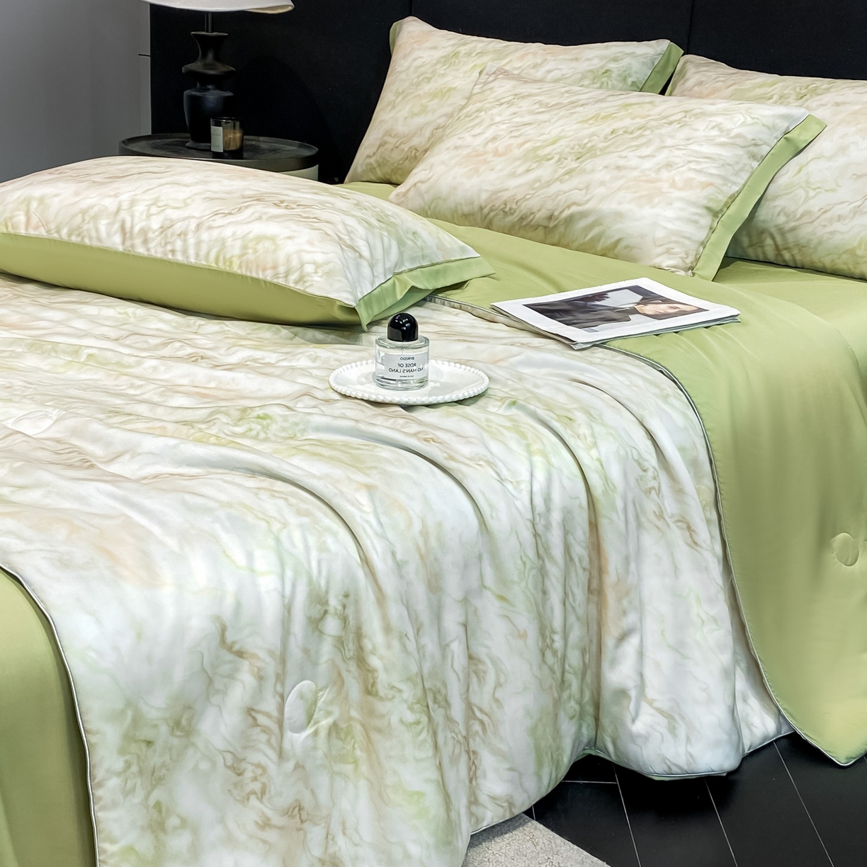 91家纺网 家纺一手货源 找家纺 慕尚家纺 2026春夏新款莱赛尔天丝夏被夏凉被空调被夏被四件套 青釉波纹