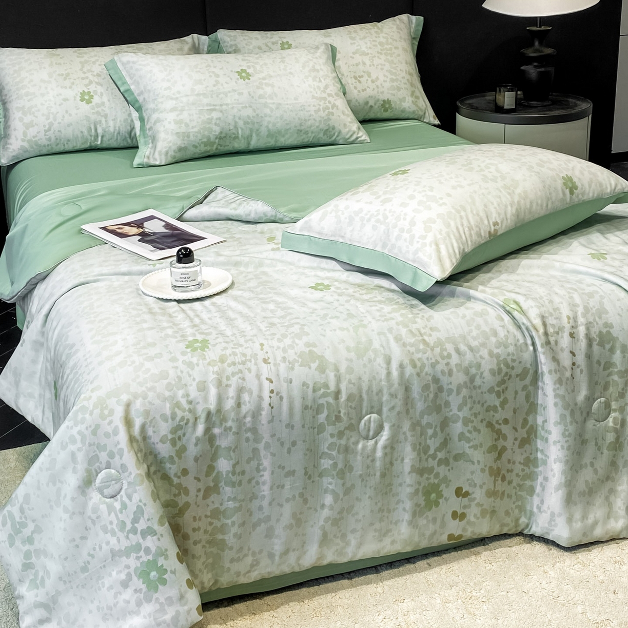 91家纺网 家纺一手货源 找家纺 慕尚家纺 2026春夏新款莱赛尔天丝夏被夏凉被空调被夏被四件套 青栀