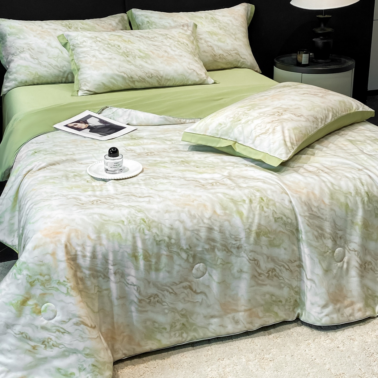 91家纺网 家纺一手货源 找家纺 慕尚家纺 2026春夏新款莱赛尔天丝夏被夏凉被空调被夏被四件套 青釉波纹