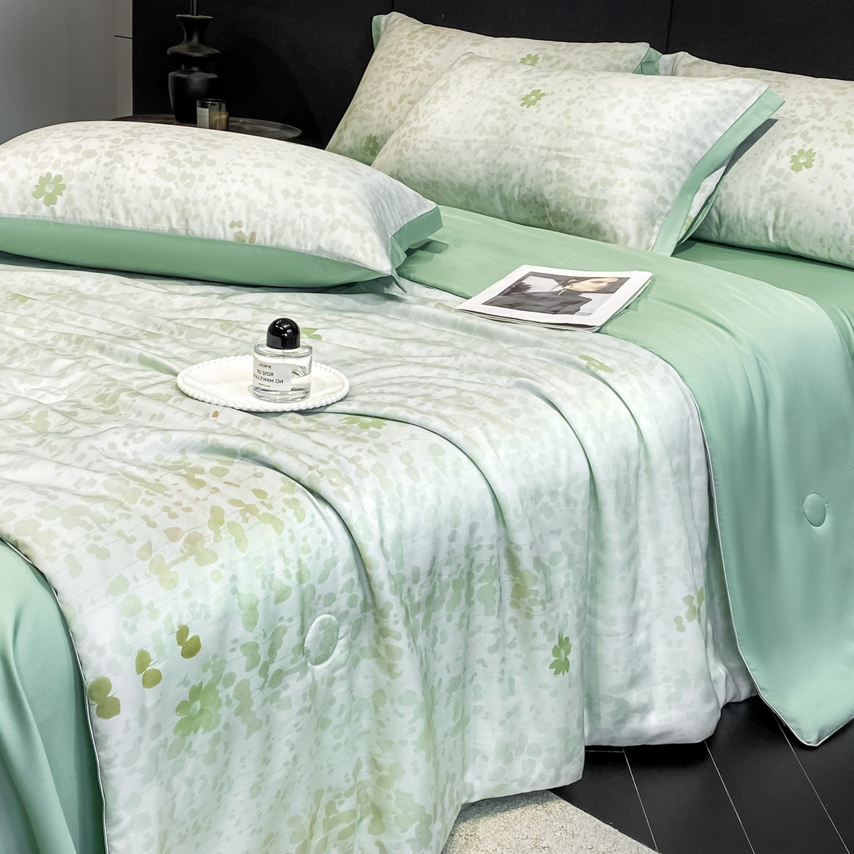 91家纺网 家纺一手货源 找家纺 慕尚家纺 2026春夏新款莱赛尔天丝夏被夏凉被空调被夏被四件套 青栀