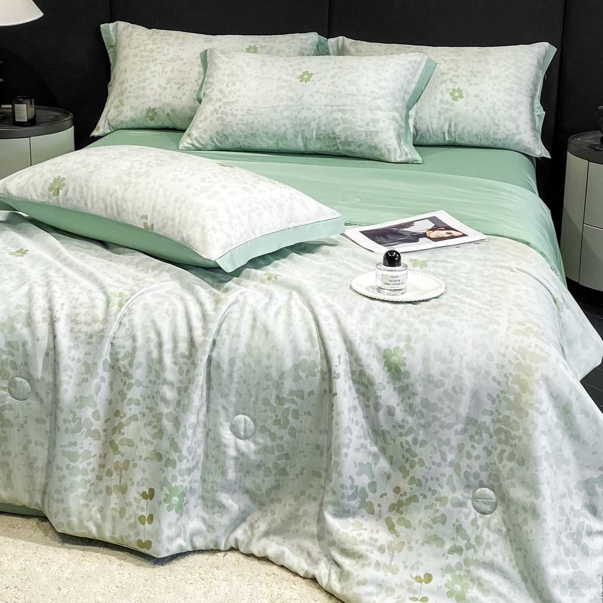 91家纺网 家纺一手货源 找家纺 慕尚家纺 2026春夏新款莱赛尔天丝夏被夏凉被空调被夏被四件套 青栀