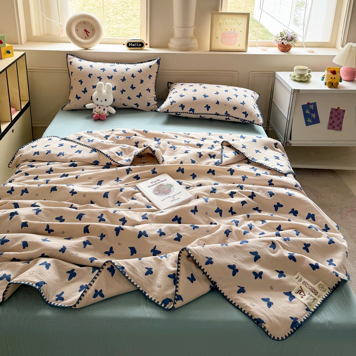 91家纺网 家纺一手货源 找家纺 （总）晚爱家纺（原晚安家居） 2026新款云感双层纱三角针夏被母婴级夏凉被贝壳边贝壳绣空调被四件套