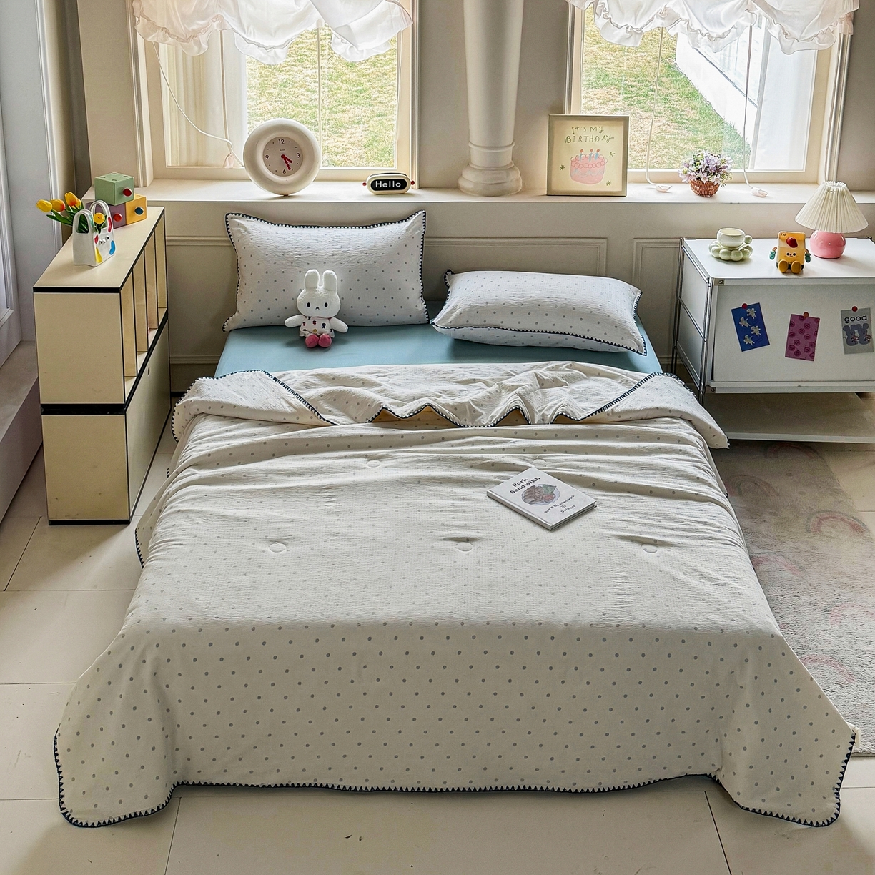 91家纺网 家纺一手货源 找家纺 晚爱家纺（原晚安家居） 2026新款云感双层纱三角针夏被母婴级夏凉被贝壳边贝壳绣空调被四件套 海盐汤圆