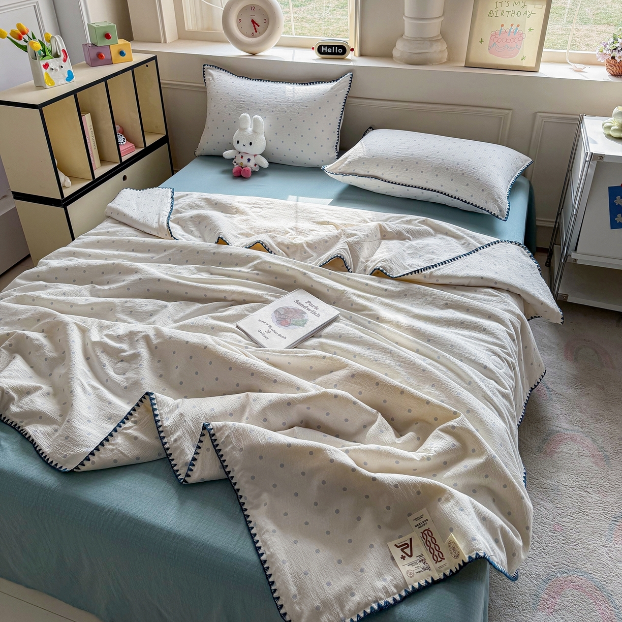 91家纺网 家纺一手货源 找家纺 晚爱家纺（原晚安家居） 2026新款云感双层纱三角针夏被母婴级夏凉被贝壳边贝壳绣空调被四件套 海盐汤圆