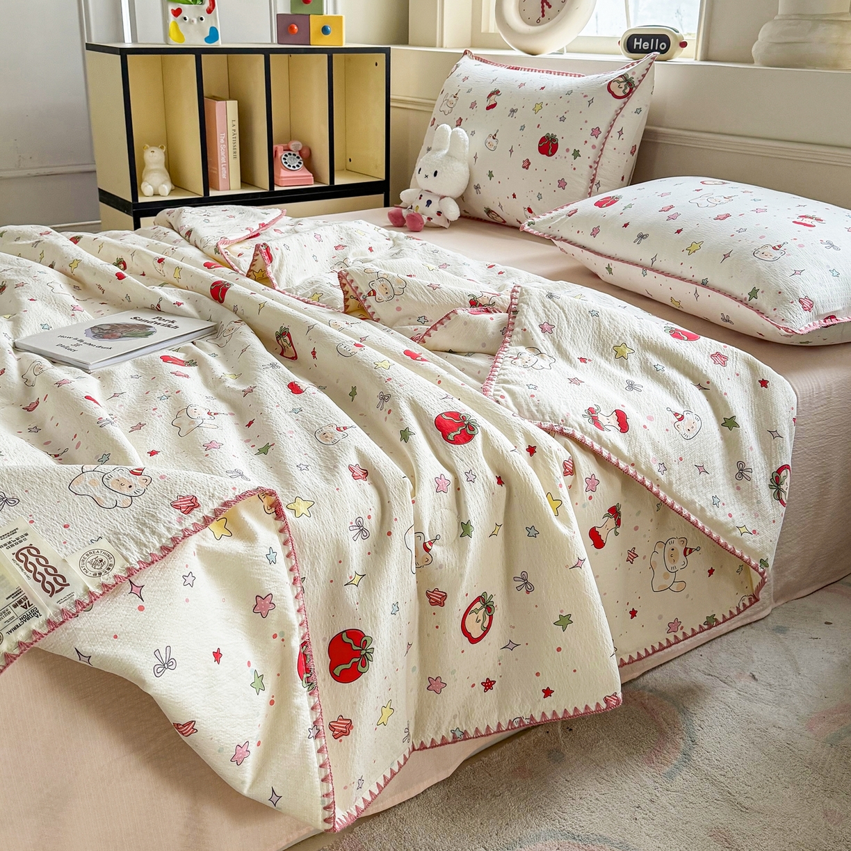 91家纺网 家纺一手货源 找家纺 晚爱家纺（原晚安家居） 2026新款云感双层纱三角针夏被母婴级夏凉被贝壳边贝壳绣空调被四件套 苹果小怪