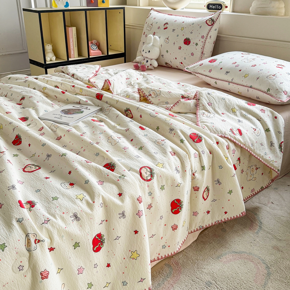 91家纺网 家纺一手货源 找家纺 晚爱家纺（原晚安家居） 2026新款云感双层纱三角针夏被母婴级夏凉被贝壳边贝壳绣空调被四件套 苹果小怪