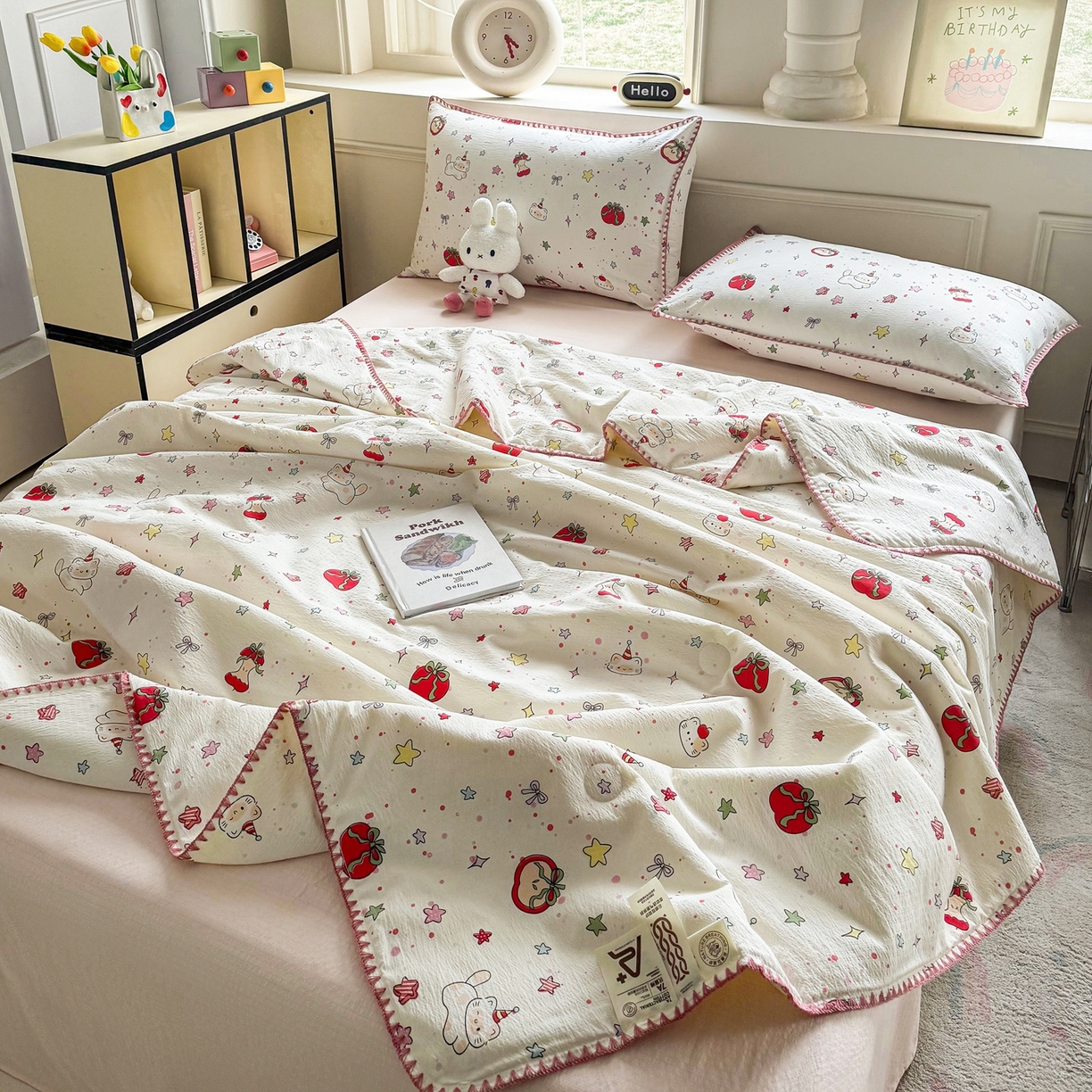 91家纺网 家纺一手货源 找家纺 晚爱家纺（原晚安家居） 2026新款云感双层纱三角针夏被母婴级夏凉被贝壳边贝壳绣空调被四件套 苹果小怪