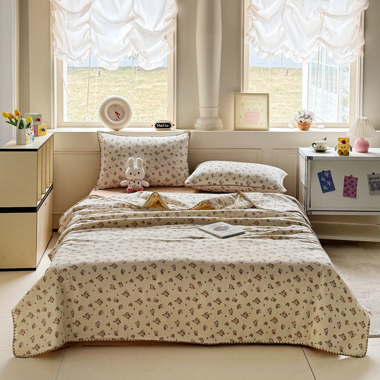 91家纺网 家纺一手货源 找家纺 晚爱家纺（原晚安家居） 2026新款云感双层纱三角针夏被母婴级夏凉被贝壳边贝壳绣空调被四件套 浅桃织夏