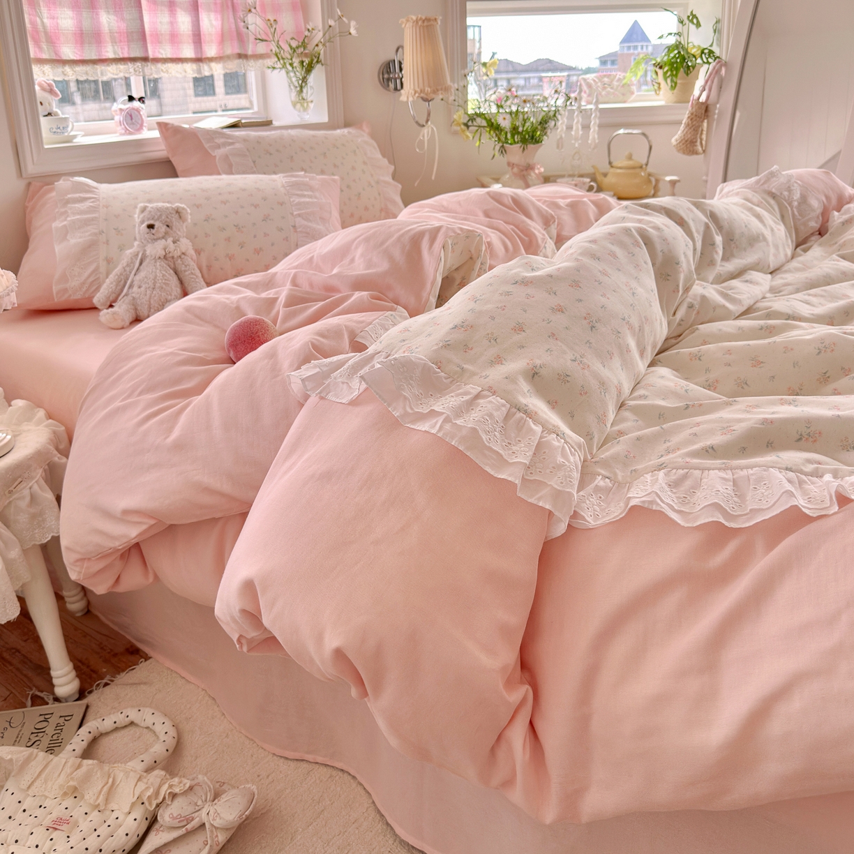 91家纺网 家纺一手货源 找家纺 （总）锦彩家居 2026新款A类全棉纯棉双层纱韩式花边款小清新四件套INS小红书博主风提供买家秀