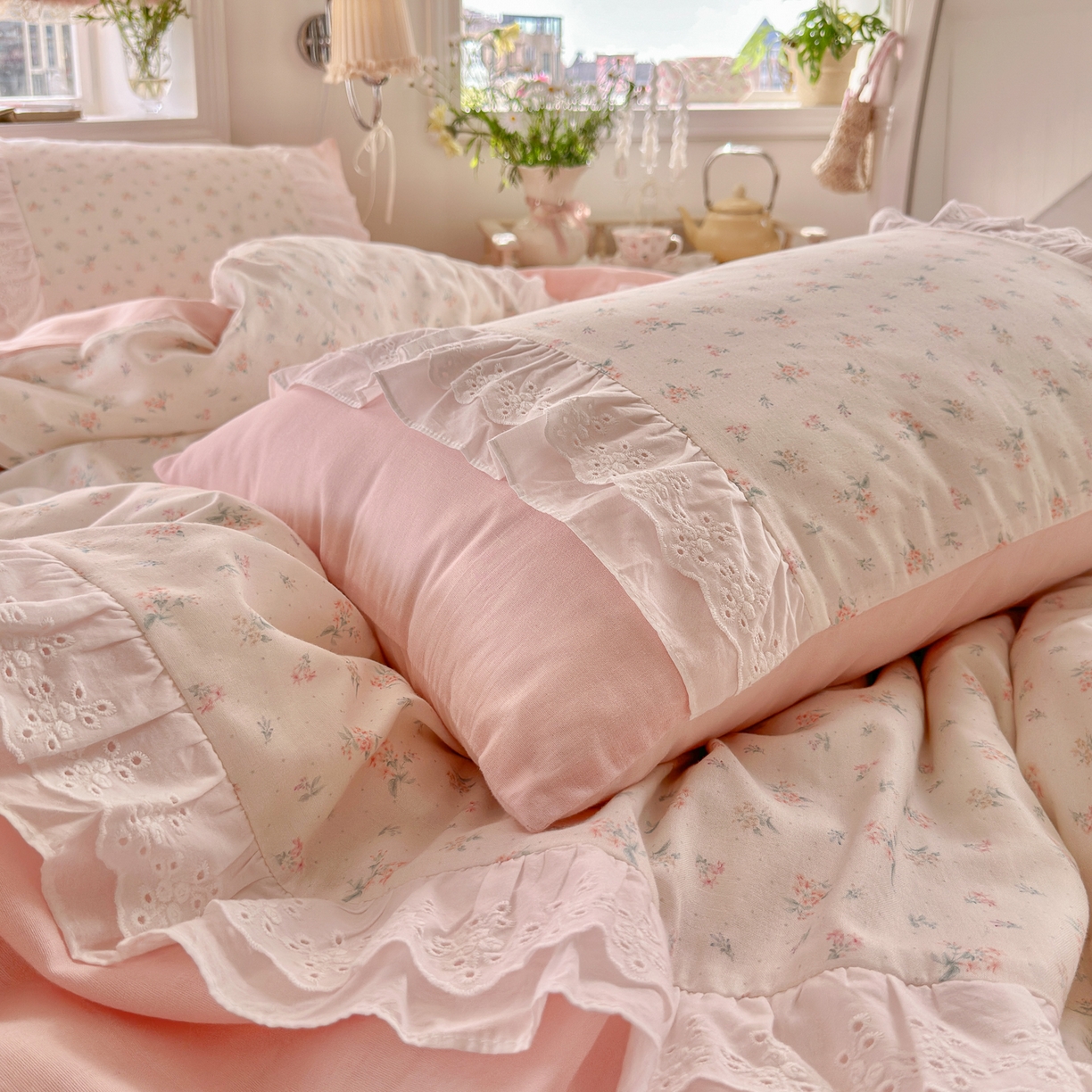 91家纺网 家纺一手货源 找家纺 （总）锦彩家居 2026新款A类全棉纯棉双层纱韩式花边款小清新四件套INS小红书博主风提供买家秀