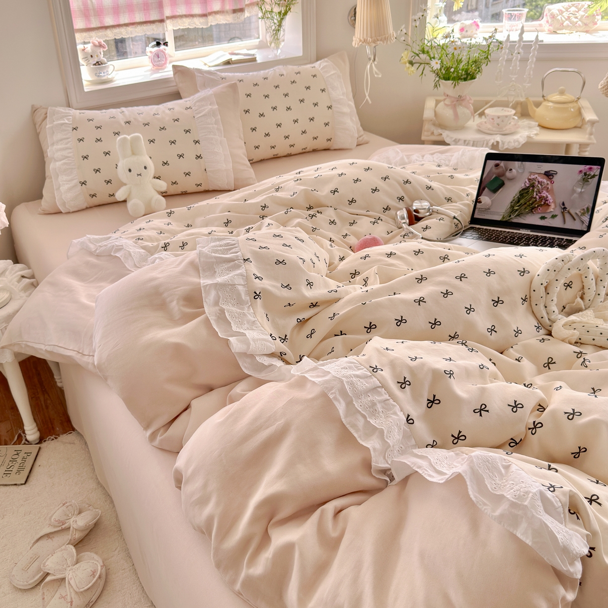 91家纺网 家纺一手货源 找家纺 锦彩家居 2026新款A类全棉纯棉双层纱韩式花边款小清新四件套INS小红书博主风提供买家秀 心宿寄语