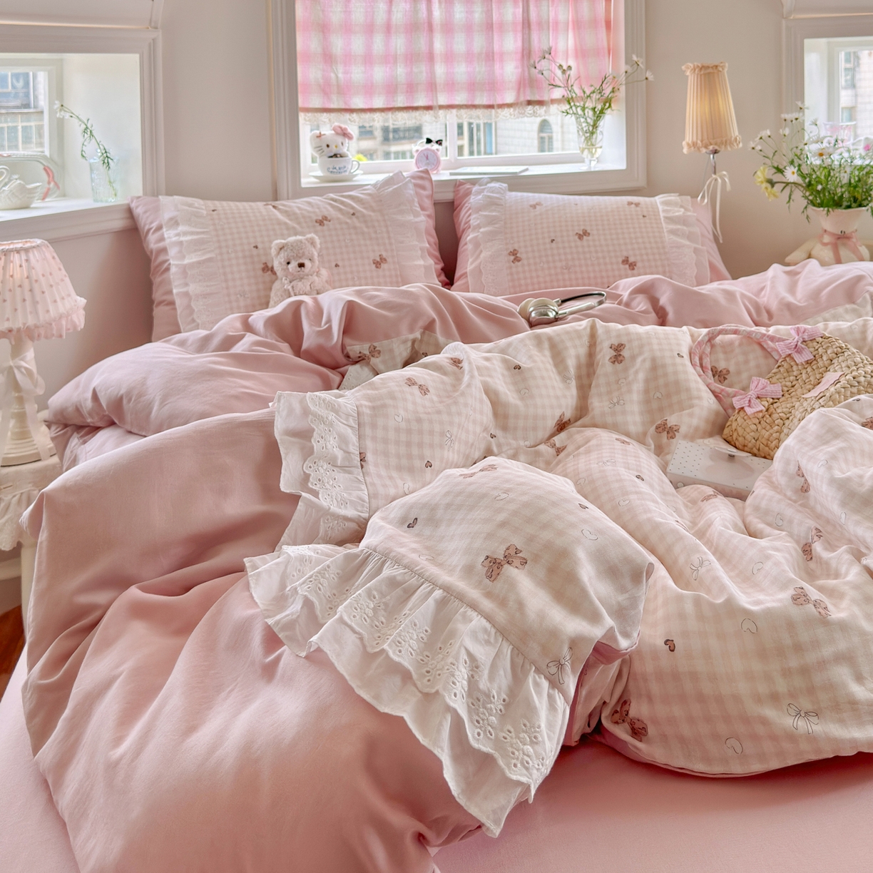 91家纺网 家纺一手货源 找家纺 锦彩家居 2026新款A类全棉纯棉双层纱韩式花边款小清新四件套INS小红书博主风提供买家秀 泡芙公主
