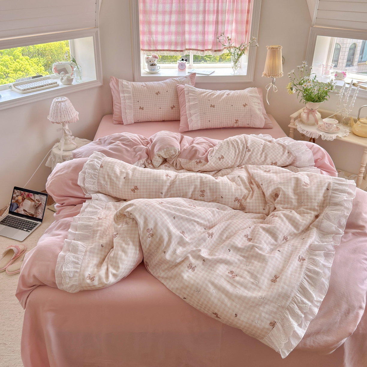 91家纺网 家纺一手货源 找家纺 锦彩家居 2026新款A类全棉纯棉双层纱韩式花边款小清新四件套INS小红书博主风提供买家秀 泡芙公主