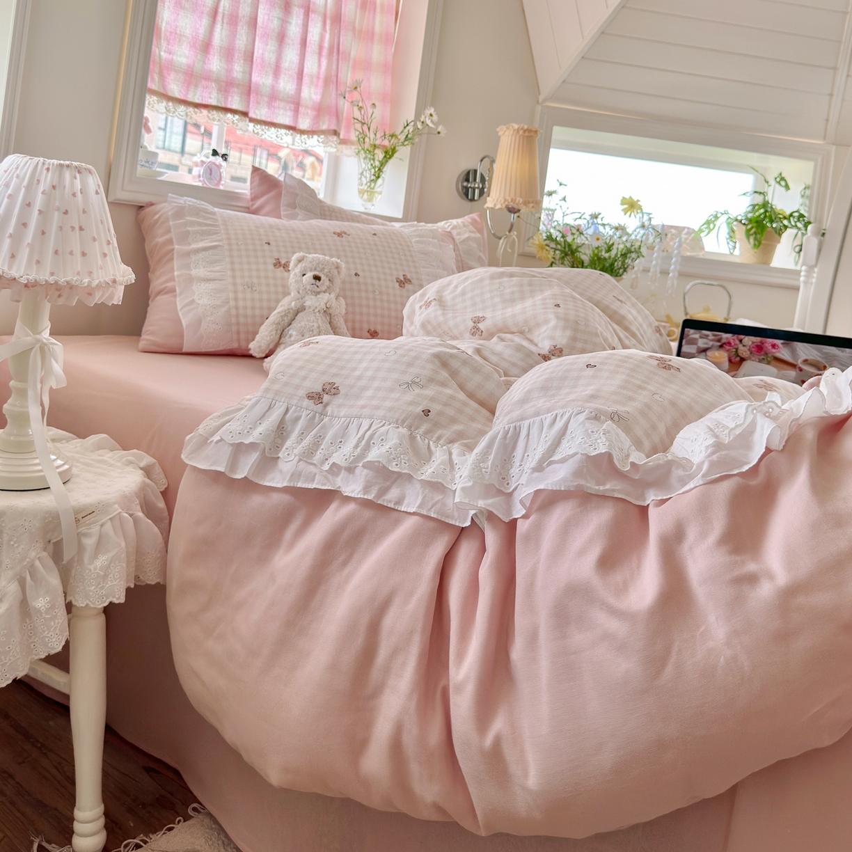 91家纺网 家纺一手货源 找家纺 锦彩家居 2026新款A类全棉纯棉双层纱韩式花边款小清新四件套INS小红书博主风提供买家秀 泡芙公主