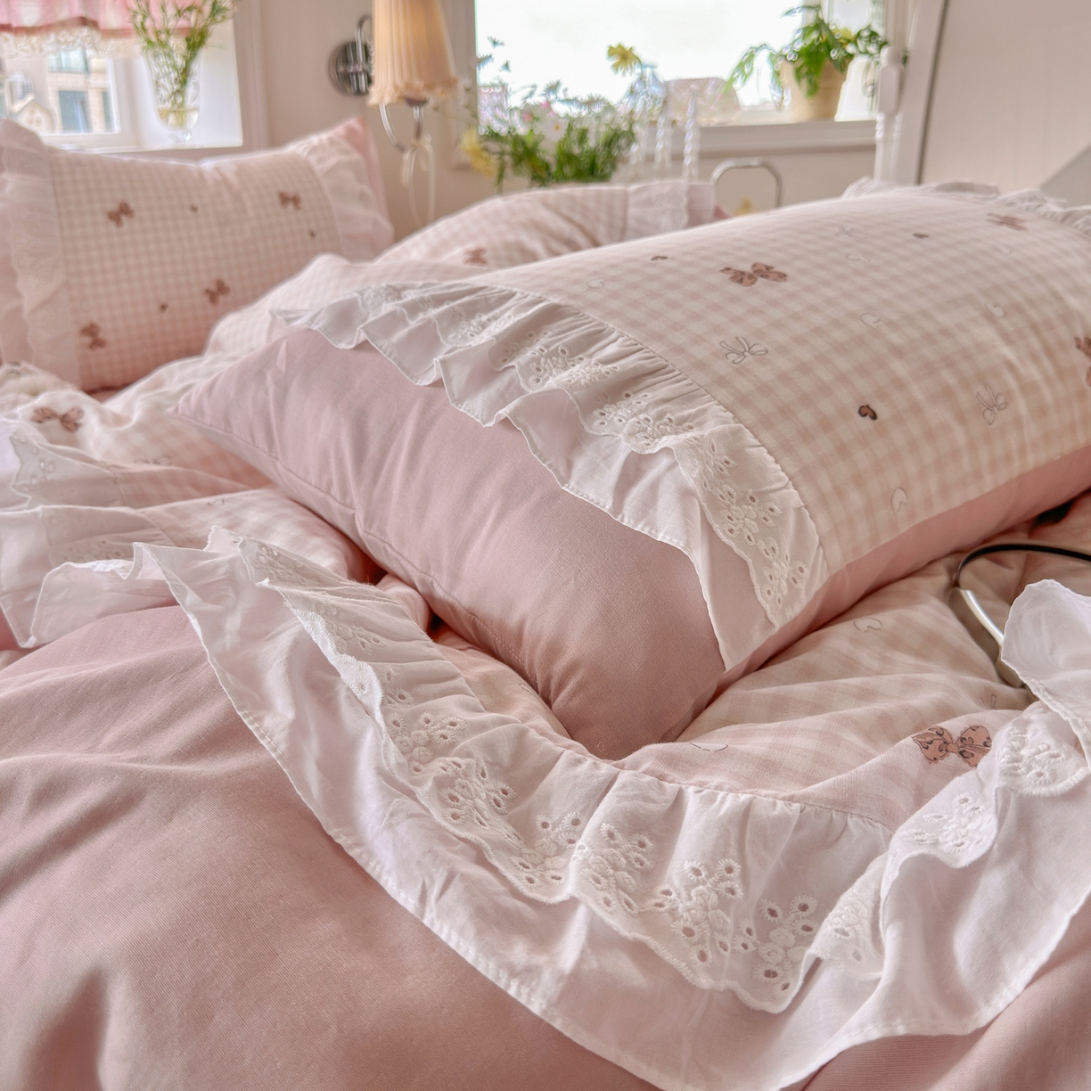 91家纺网 家纺一手货源 找家纺 锦彩家居 2026新款A类全棉纯棉双层纱韩式花边款小清新四件套INS小红书博主风提供买家秀 泡芙公主