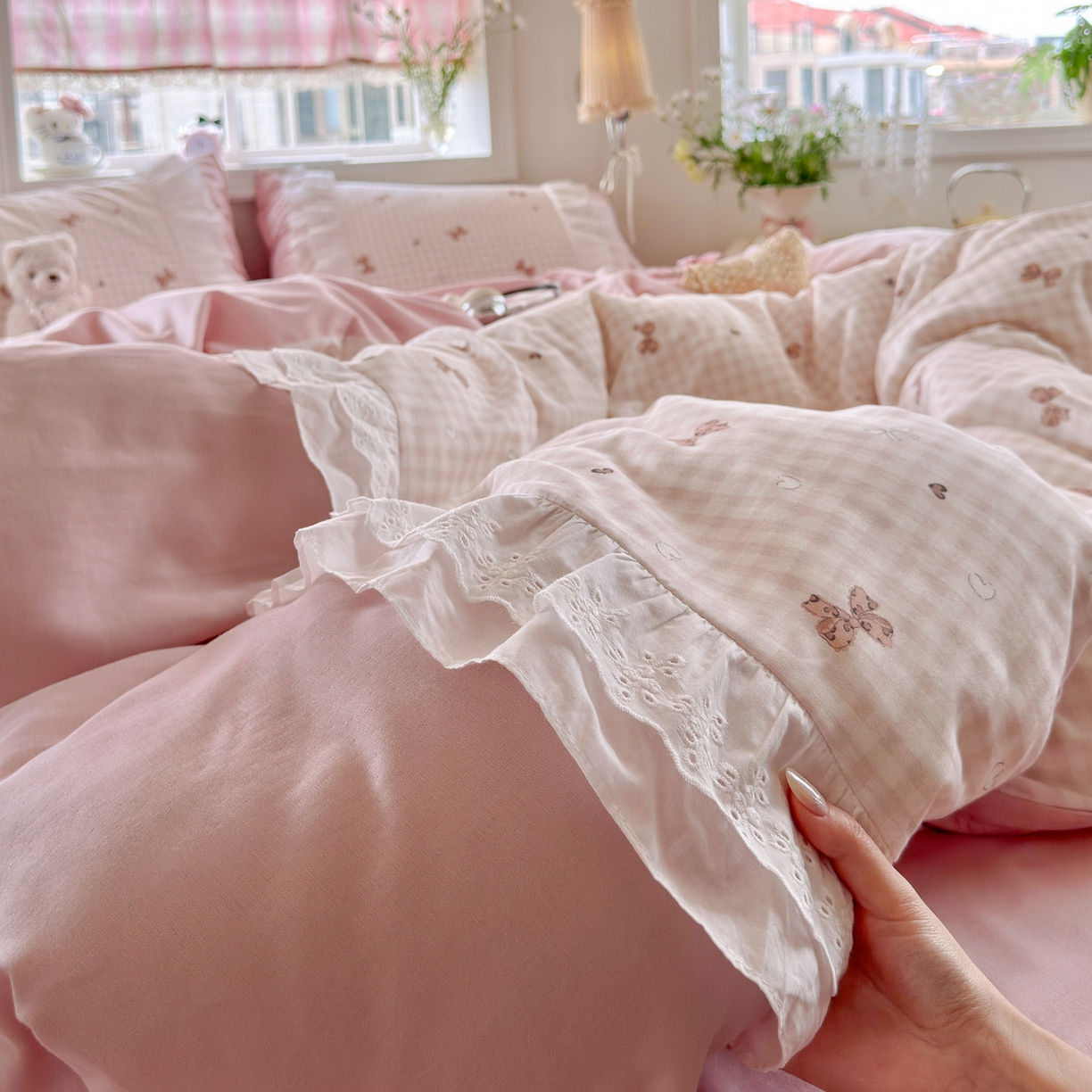 91家纺网 家纺一手货源 找家纺 锦彩家居 2026新款A类全棉纯棉双层纱韩式花边款小清新四件套INS小红书博主风提供买家秀 泡芙公主