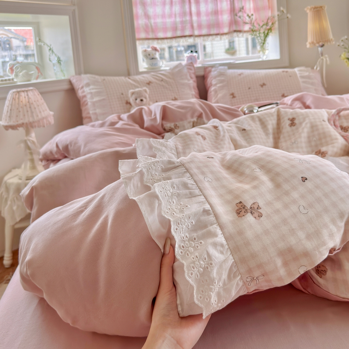 91家纺网 家纺一手货源 找家纺 锦彩家居 2026新款A类全棉纯棉双层纱韩式花边款小清新四件套INS小红书博主风提供买家秀 泡芙公主