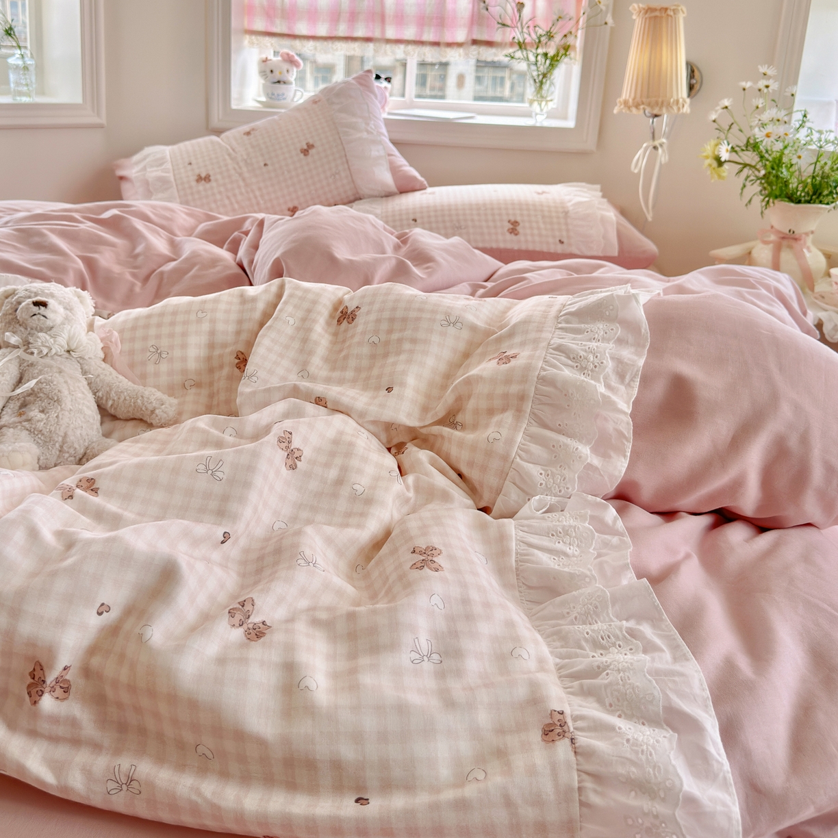 91家纺网 家纺一手货源 找家纺 锦彩家居 2026新款A类全棉纯棉双层纱韩式花边款小清新四件套INS小红书博主风提供买家秀 泡芙公主