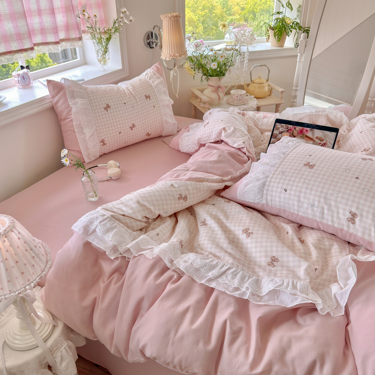 91家纺网 家纺一手货源 找家纺 锦彩家居 2026新款A类全棉纯棉双层纱韩式花边款小清新四件套INS小红书博主风提供买家秀 泡芙公主